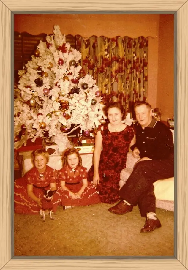 Me, Dipper, Sis, Mom, and Dad sitting around our Christmas tree. Mom dressed us in twin red outfits, including Dipper..