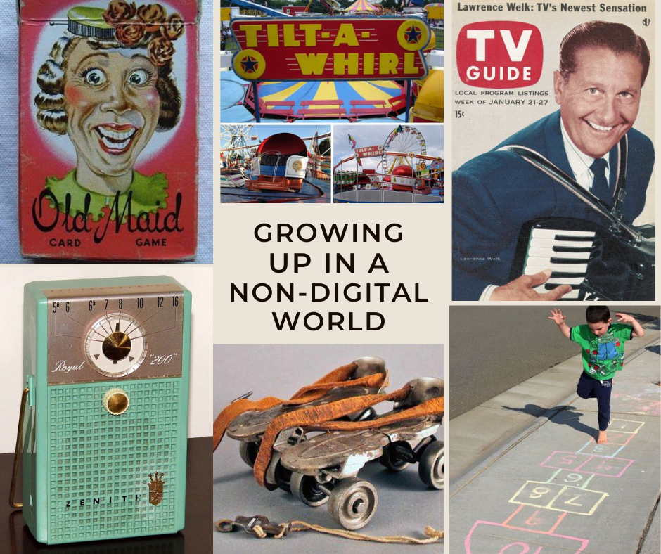 Collage of six photos which includes Old Maid Card Game, Tilt-A-Whirl, Lawrence Welk playing the accordion, transistor radio, roller skates, and young boy on hopscotch.