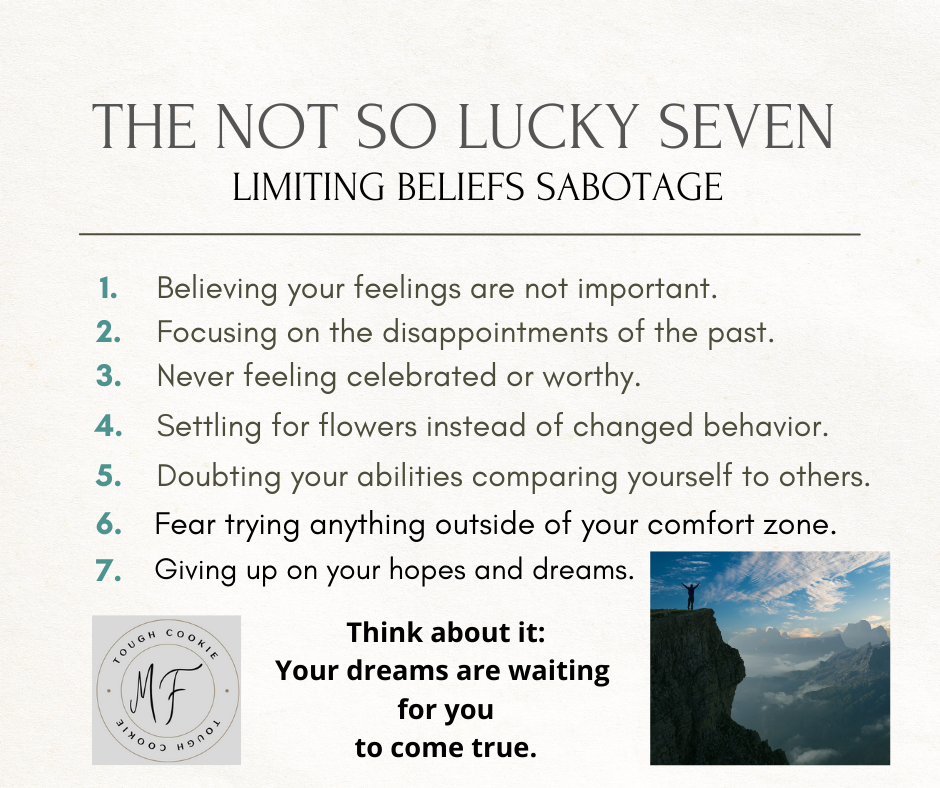 List of seven beliefs that sabotage your happiness and keep you from moving forward. Person on top of a cliff looking out at the vast sky.