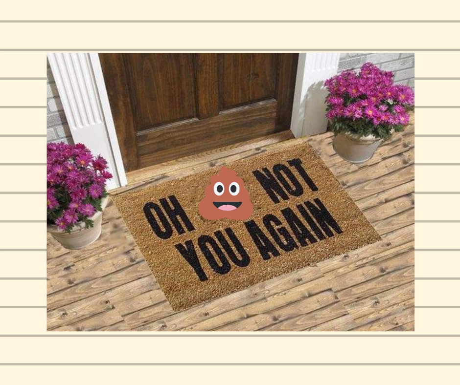 Door mat in front of an entry into a house with the words Oh (Crap Icon) Not You Again to keep the Drama Dudes & Drama Dames out