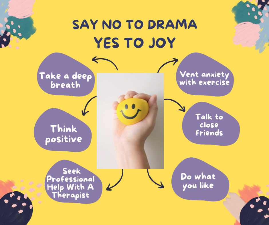A hand holds a yellow happy face squeeze ball to reduce stress. There are six suggestions in text around that picture to practice to get to joy.
