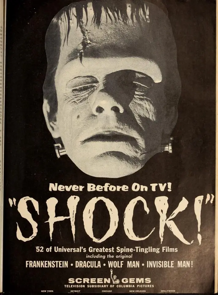 Poster advertising Shock TV with a picture of Frankenstein with bolts in his neck