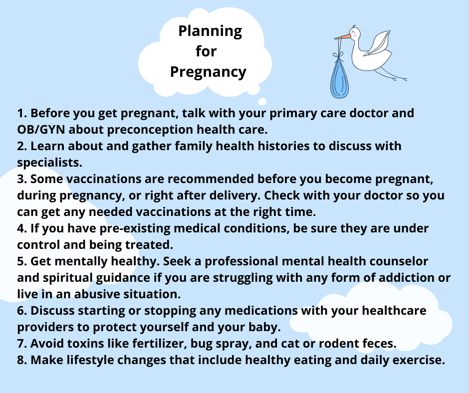 Eight important tips for having a healthy pregnancy and healthy baby at birth. There is a stork graphic with white clouds and blue sky.