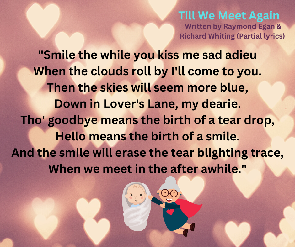 Hearts for the background of the lyrics with a cartoon baby and flying gramma holding onto the baby's blanket.