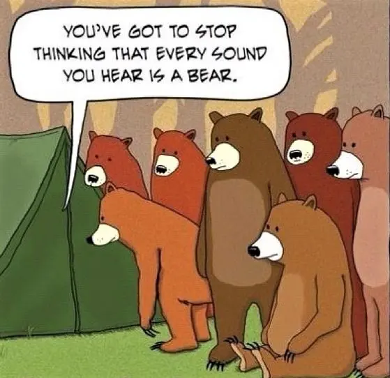Cartoon of seven bears standing right outside a tent.