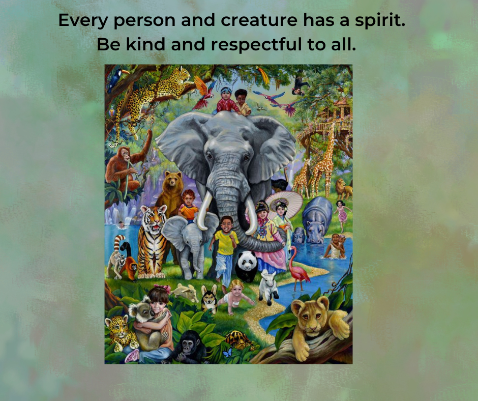Elephants, tigers, koala bear, hippos, panda, giraffes, and many other animals, as well as a baby and children of different cultures sharing the earth together.