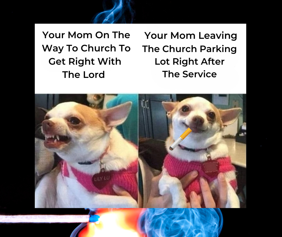 This is just for fun. Under the text on the left side is a picture of a snarling chihuahua; under the text on the right is the same chihuahua smoking a cigarette.
