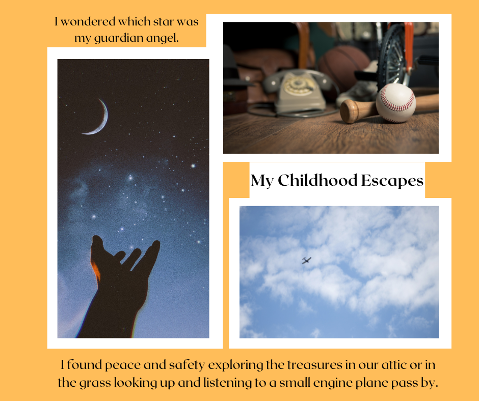 Three images of the stars at night, memorabilia in an attic, and a small plane flying in a blue sky with clouds.