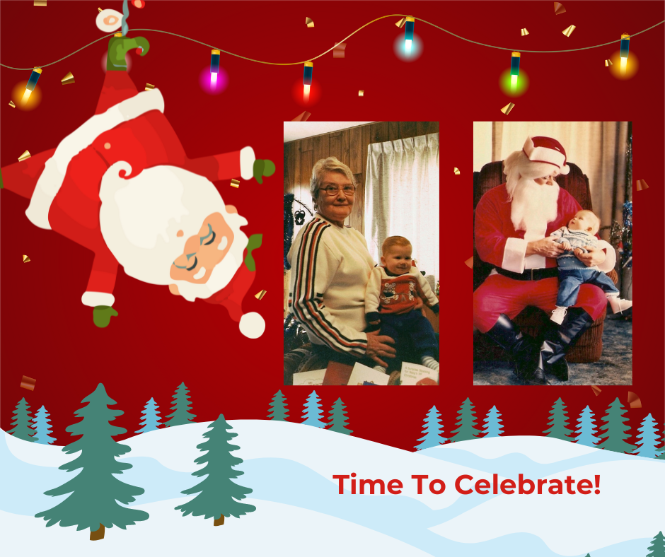 My mom is holding Hayes and Pete in his Santa Suit with Hayes in his lap looking up at him.