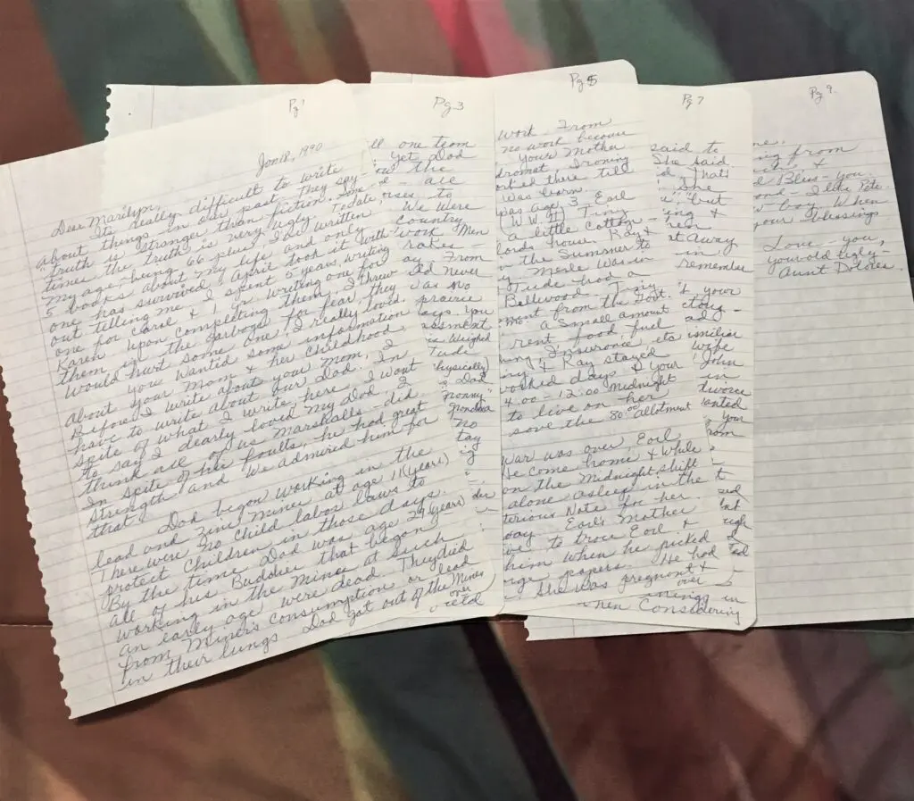 Pages of my Aunt Dolores' hand-written letter spread out