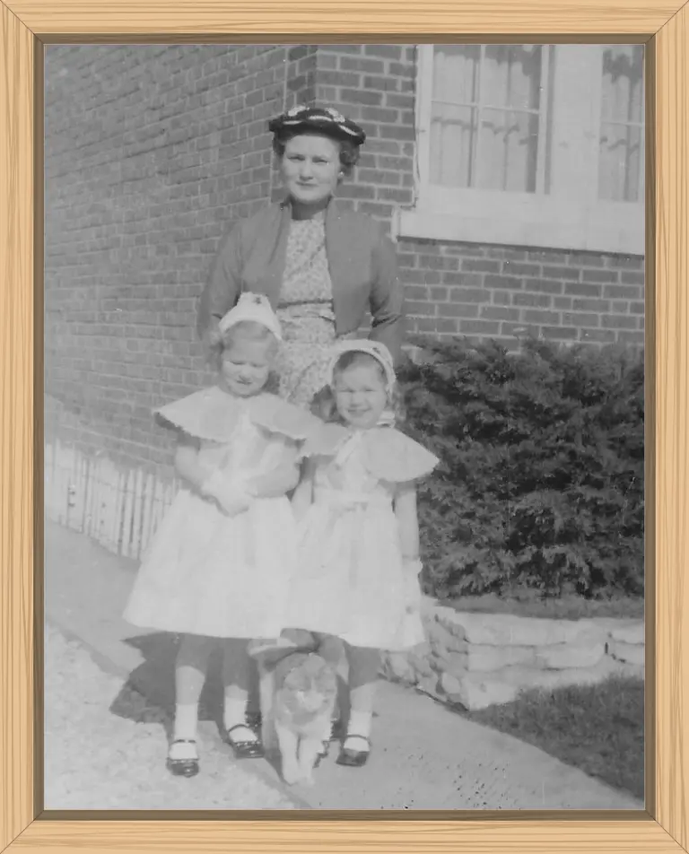 This is the only picture I have of Tabby, my first buddy. I did not like getting dressed up with the frilly Easter clothes. My mom dressed my sister and I like twins even though we were not. Bring on the jeans instead!