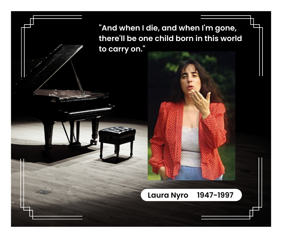 Laura Nyro blowing a goodbye kiss by an empty piano and bench seat.