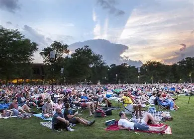 Fans sitting on lawn chairs and stretched out on blankets in the grass, waiting for the Laura Nyro concert to begin.