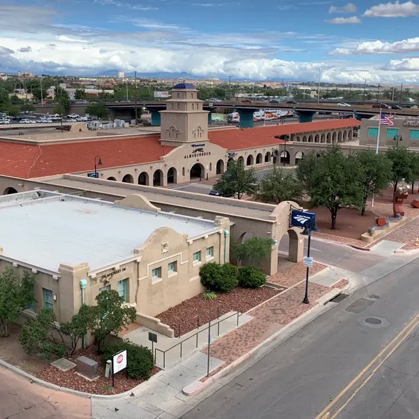 An overview photo of the Amtrak Train Station in downtown Albuquerque