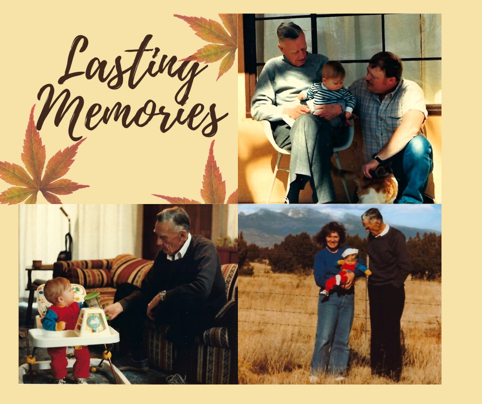 Collage of three photo memories: Pete's dad, Hayes, and Pete on our porch; Grampa Frog playing with Hayes, and Me, Hayes, and Frog on our road trip.