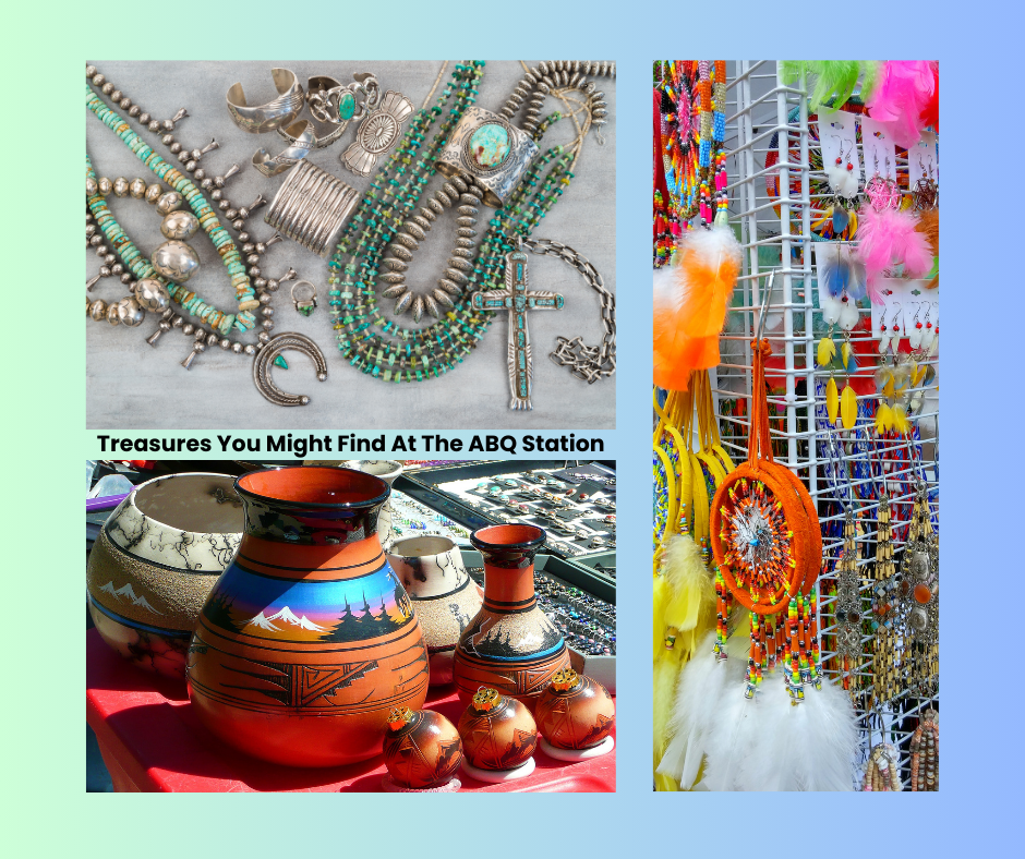 Handmade Indian jewelry, dream catchers, and pottery that you might see on the Albuquerque train station platform.