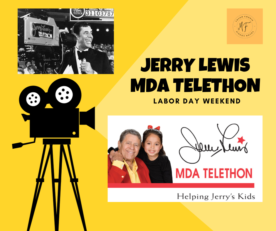 A young Jerry Lewis before the camera during the MDA Telethon and another with an older Jerry Lewis and young girl promoting MDA Telethon Helping Jerry's Kids.