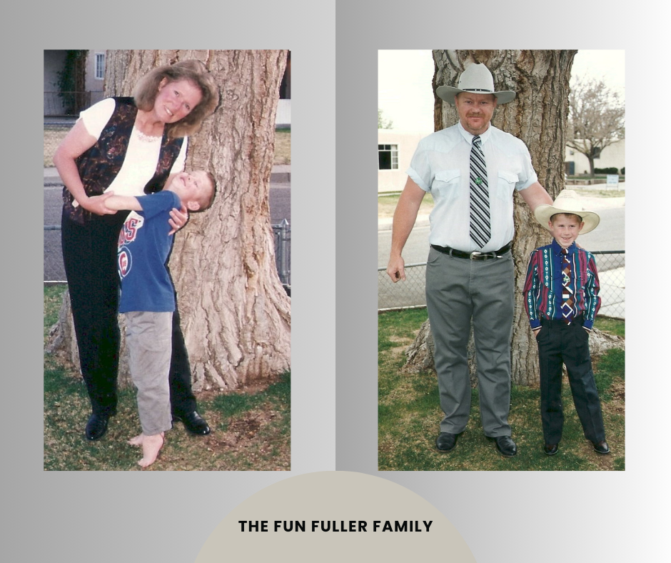 Side by side photos of me holding Hayes while he is on his toes hamming it up and Pete and Hayes all dressed up with their cowboy hats. Like father, like son.