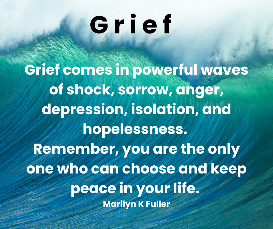 An ocean wave crashing with text that describes the grieving process.