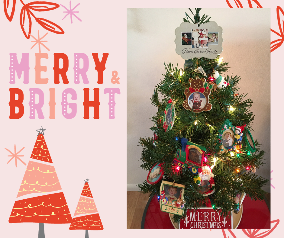 Small Christmas tree with photo ornaments of the stages of Hayes' life with lights which brings me peace and joyful memories.