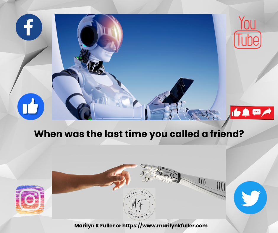 Robot holding a smartphone while in space and a human arm and a robot arm reaching out to touch hands. Facebook, YouTube, Instagram, Twitter, Like, Subscribe, Comment, Share icons around the border. When was the last time you called a friend? in the middle of the two pictures.
