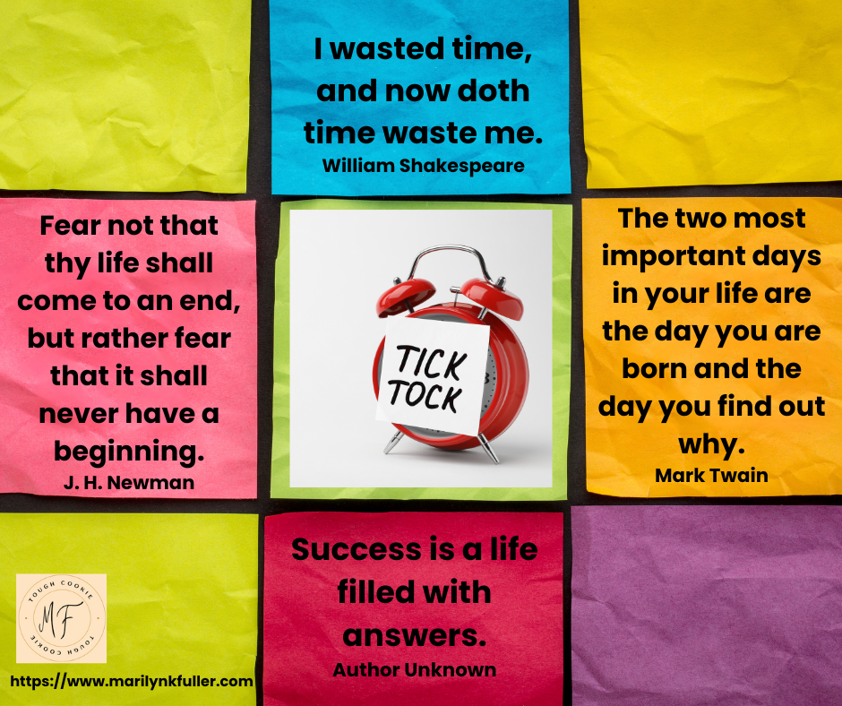The four quotes with a red clock in the middle of all of them with a Tick Tock reminder.