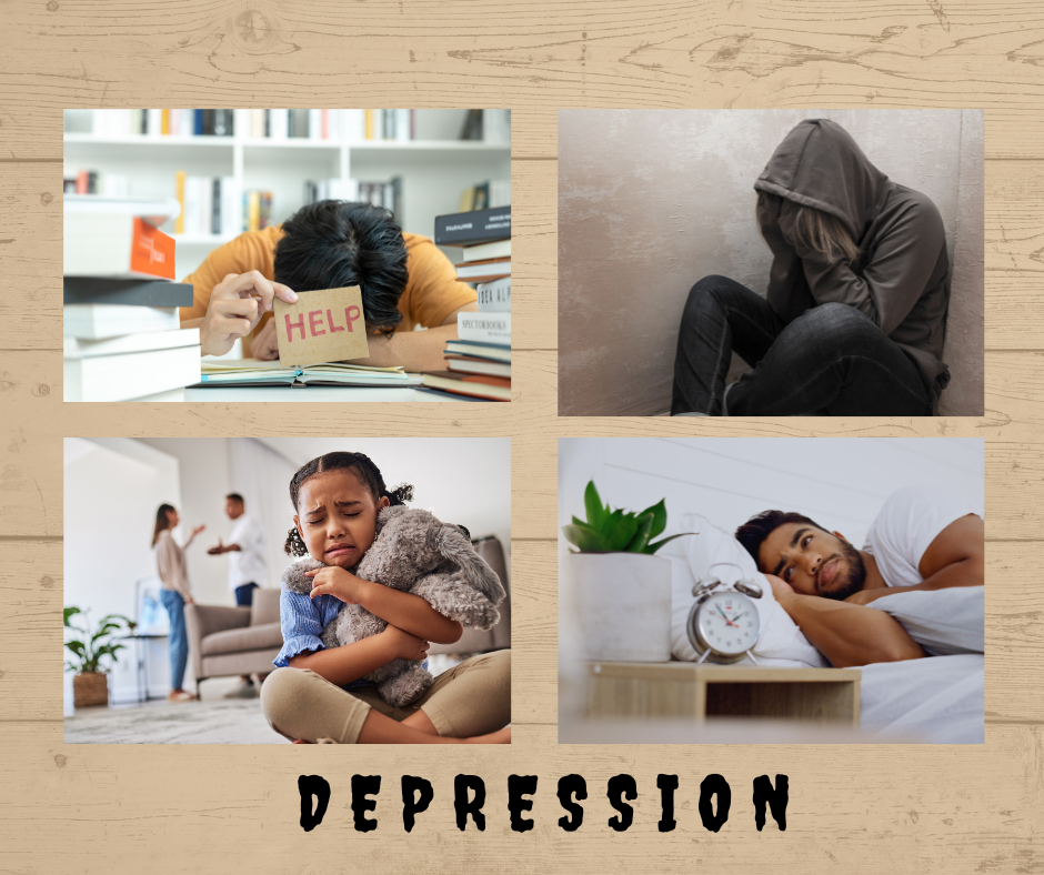 Photo collage of four different people living with depression and needing help.