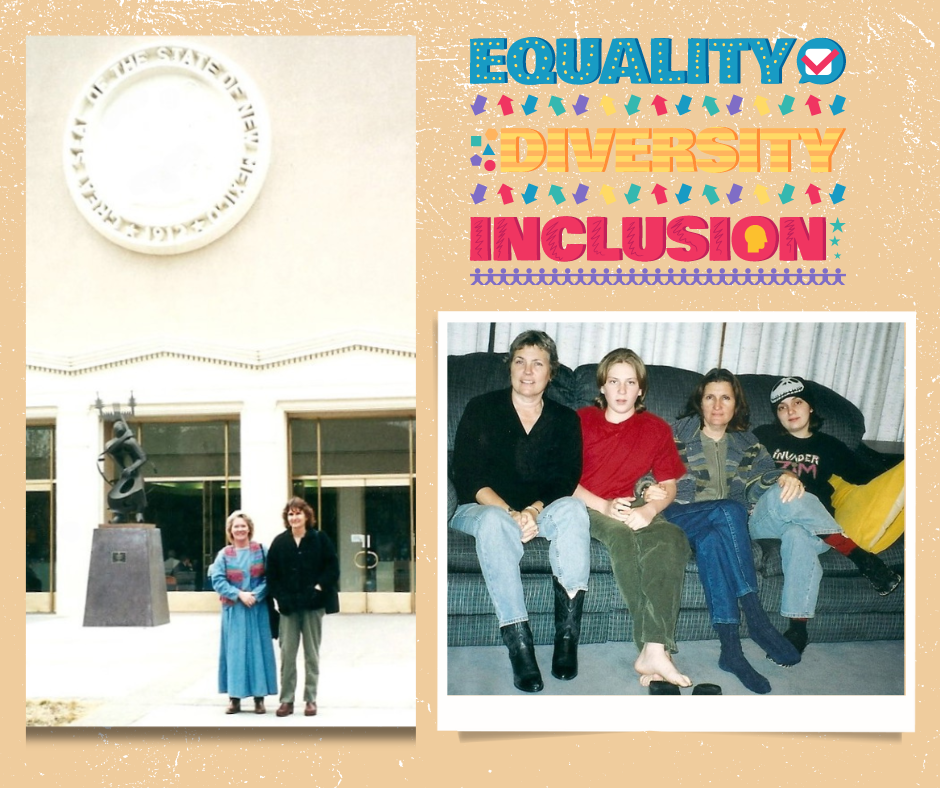 I am standing in front of the State Capitol Building with another fearless advocate who is also a friend. The second picture includes my friend's family. She has two children with disabilities. My other friend who is on the couch with them died of cancer. This photo is also In Memory of her and her career as an advocate for human rights.