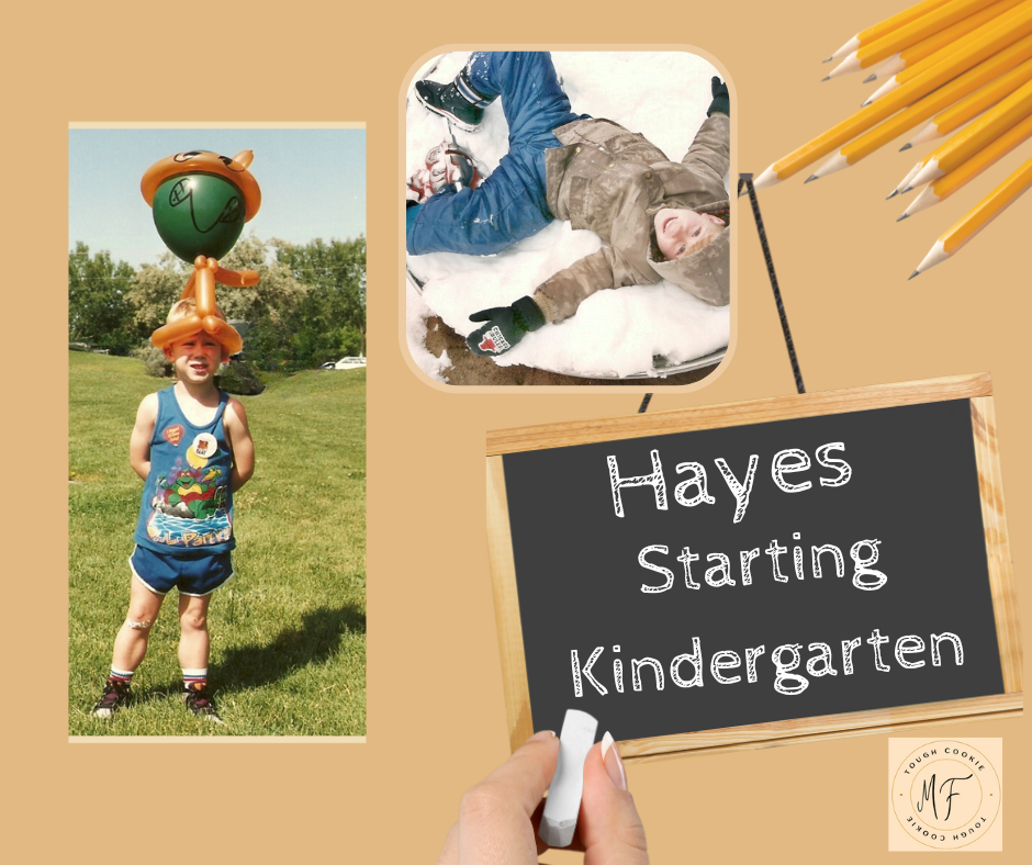 Hayes is starting kindergarten. He has on a wild Ninja Turtle balloon hat along with a Ninja Turtle tank top. In most of his pictures at this time, a Band-Aid is on some part of his body due to frequent falling. The other picture shows him having fun in the snow.