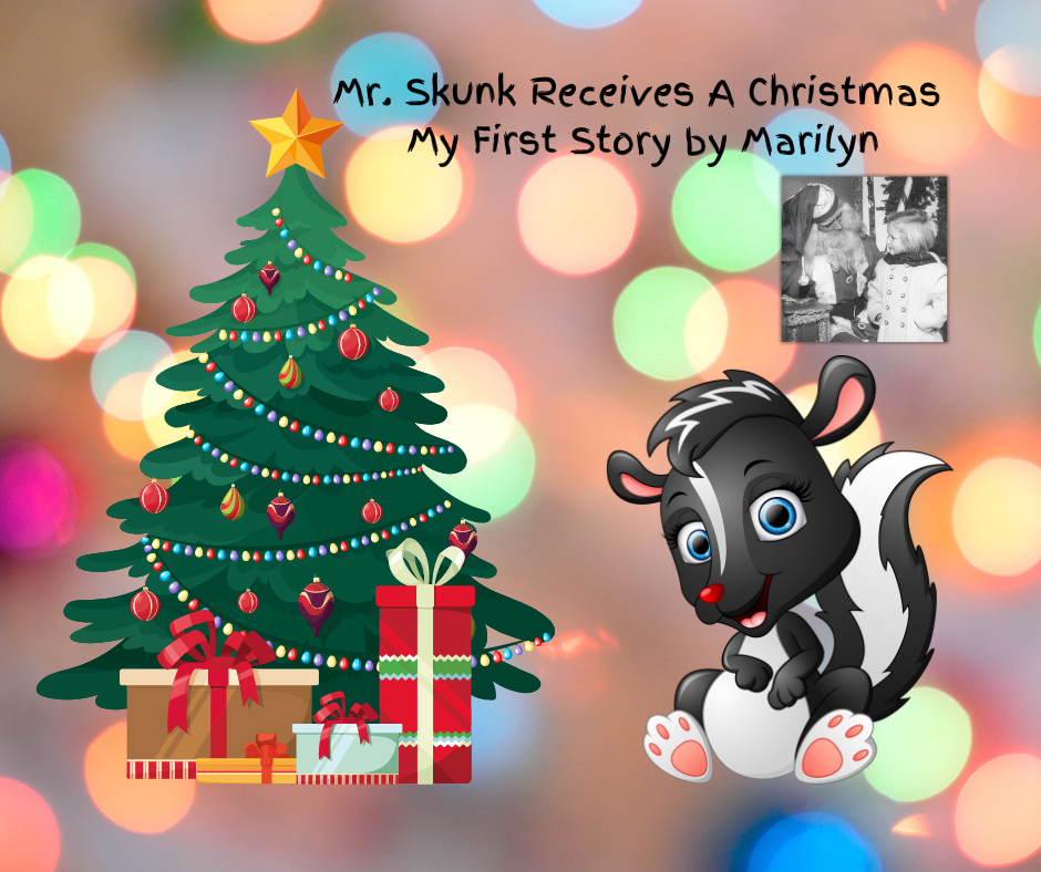 Personable cartoon skunk sitting and looking quite happy by a Christmas tree with presents under it. A small photo of me meeting Santa Claus when I was eight in the upper corner.