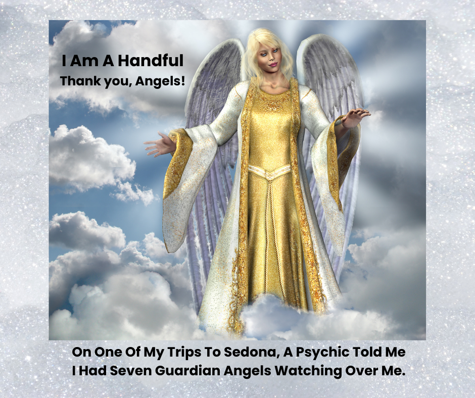 How I saw the beautiful guardian angel watching over me when I was so sick. She has a gold flowing long dress with white trim and head to toe wings.