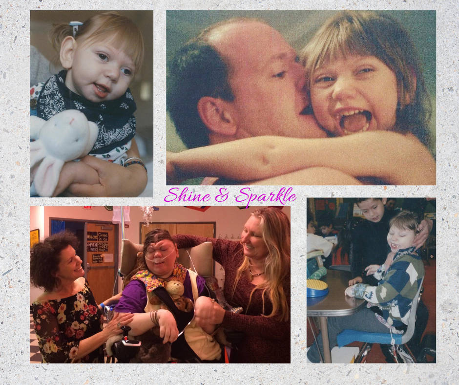 A photo collage of four different stages of a girl's journey with a high level of disability and the family supporting her 24/7 care needs.