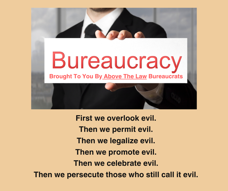 Partial profile of a man in a black suite with a white shirt and black tie holding the sign about bureaucracy. That image is followed by the six statements about evil.