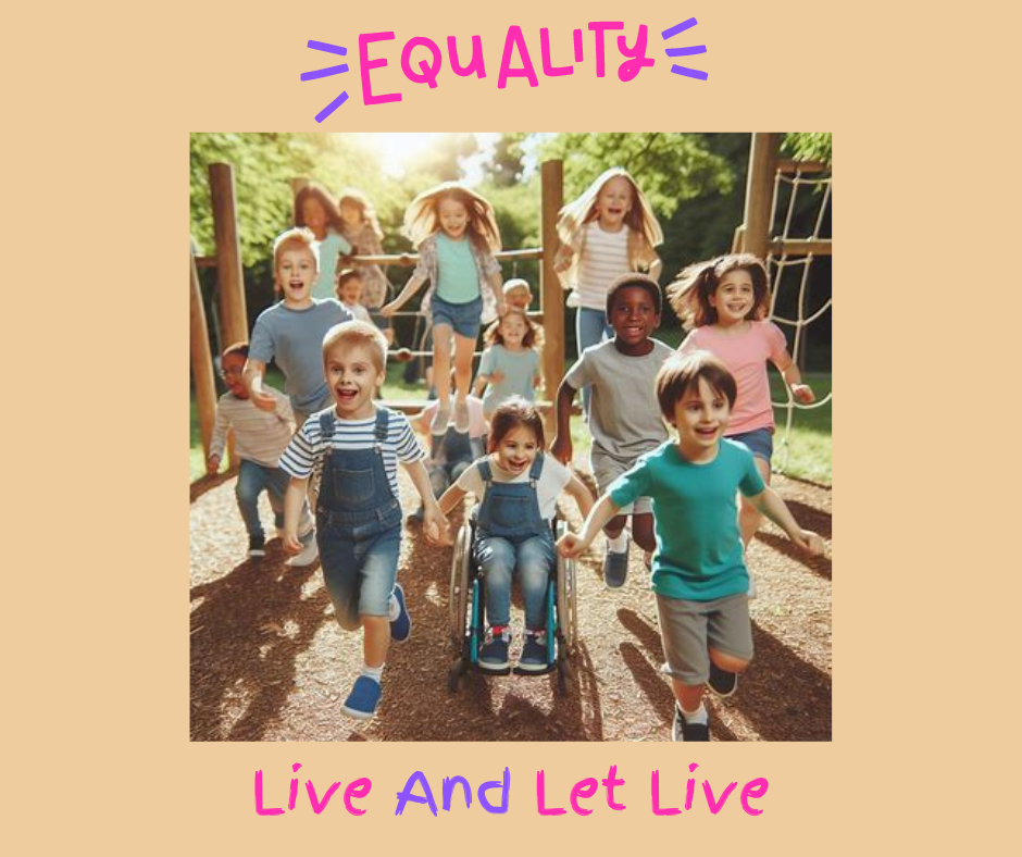 A group of fourteen children on a playground running together from different cultures and levels of abilities.