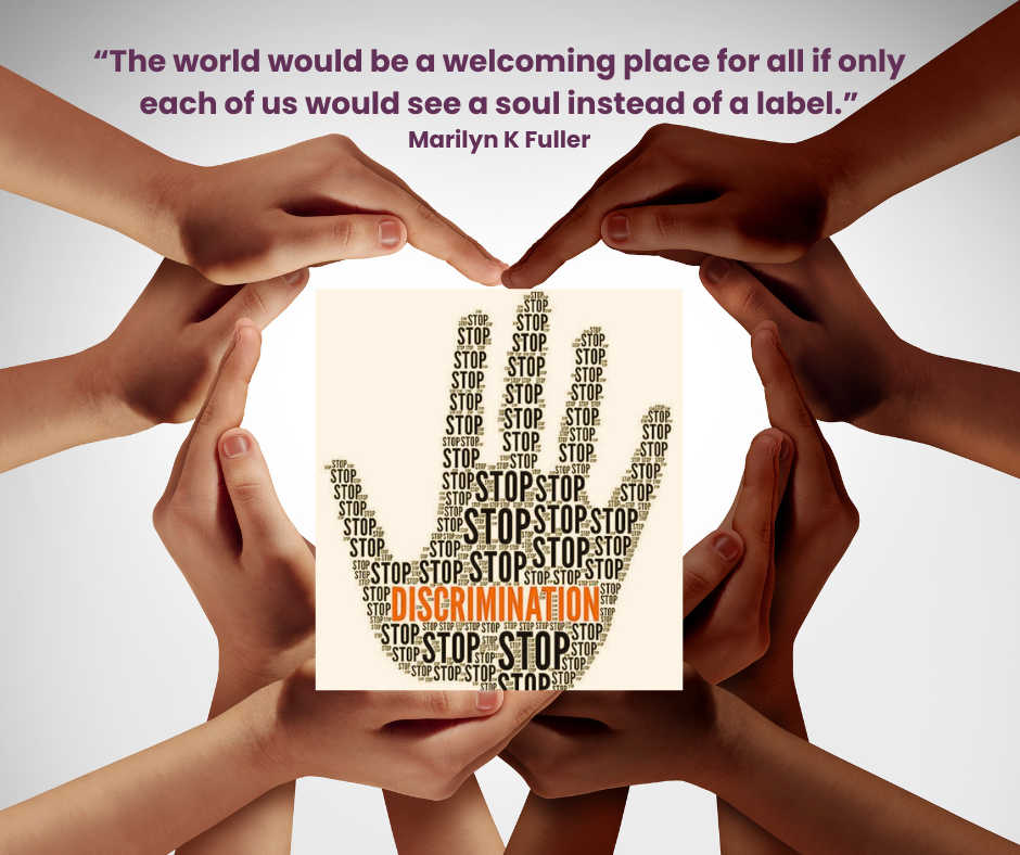 A hand made of all STOP design for the fingers with discrimination across the palm. There are hands around that forming the heart symbol.