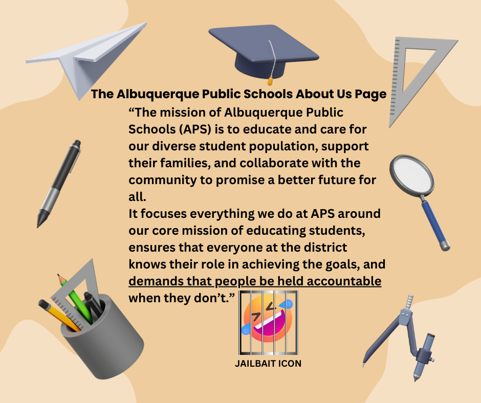 Design with a graduation cap, ruler, magnifying glass, paper airplane, pen, and a container holding pencils and other items used at school. Then I added my own design of a laughing jailbait icon behind prison bars because of the hypocrisy in the mission statement.