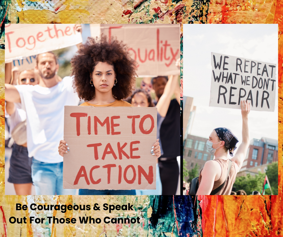 Protestors holding signs that say Time To Take Action, Together, Equality, and We Repeat What We Don't Repair. Be courageous and speak out for those who cannot.