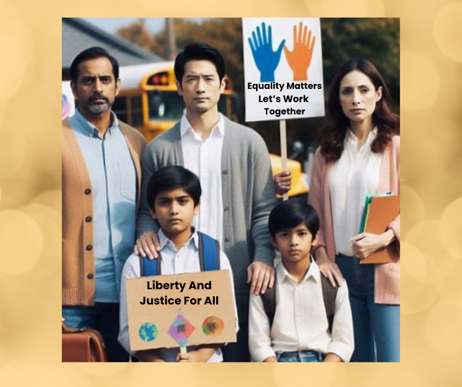 Three parents and two children holding signs that say "Equality Matters Let's Work Together" and one of the young boys is holding a sign that says "liberty and justice for all."