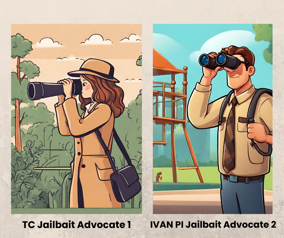 A woman with a long lens camera dressed in a hat and trench coat; A man with binoculars and a backpack. Both are observing the playground area.