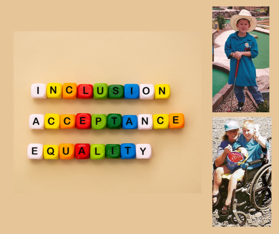 Top right is a photo of Hayes playing Putt-Putt Golf with his cowboy hat and oversize Hinkle Family Fun Center t-shirt. Bottom right is me and Hayes on a rocky beach showing off the shells we found. He is in his manual wheelchair.