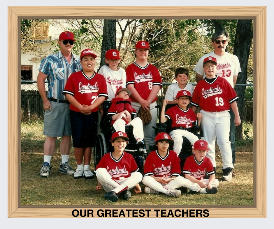 Hayes began playing in Challenger Little League when he was six years old. This is a team photo of the Cardinals with nine of the players with different life conditions, the two coaches, and a buddy to help.