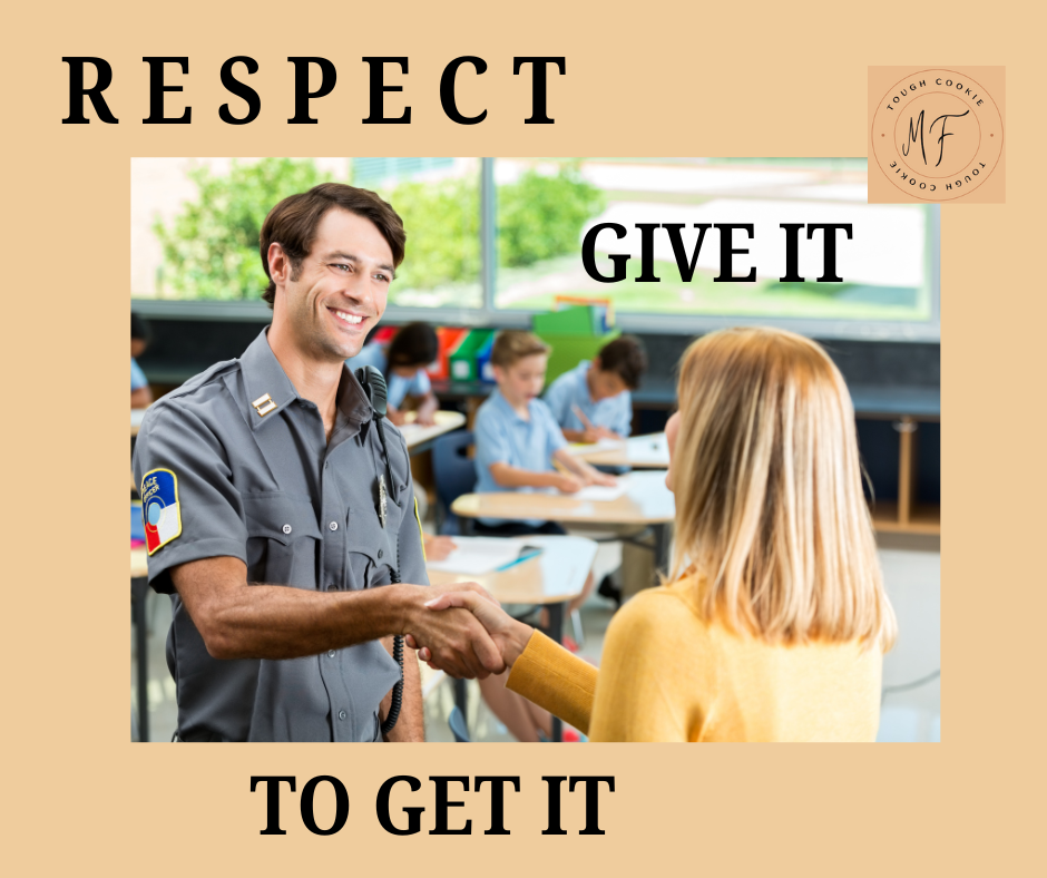 A man in a uniform meeting and shaking hands with his child's teacher. Respect-give it to get it.