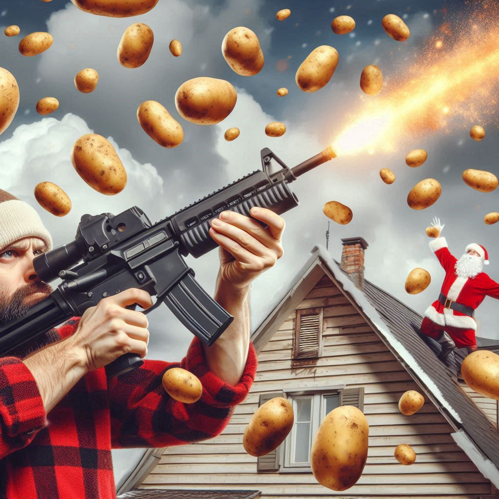 Santa on the roof being bombarded by a guy wearing a Santa hat and firing potatoes at Santa with an AR style rifle.