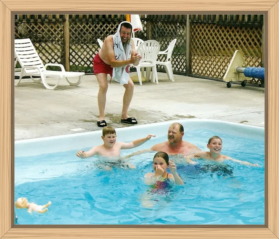 Hayes' uncle about to dive in and join Tommie, Hayes, Pete, and the cousins at the pool where we were staying in Red River, one of our favorite places.