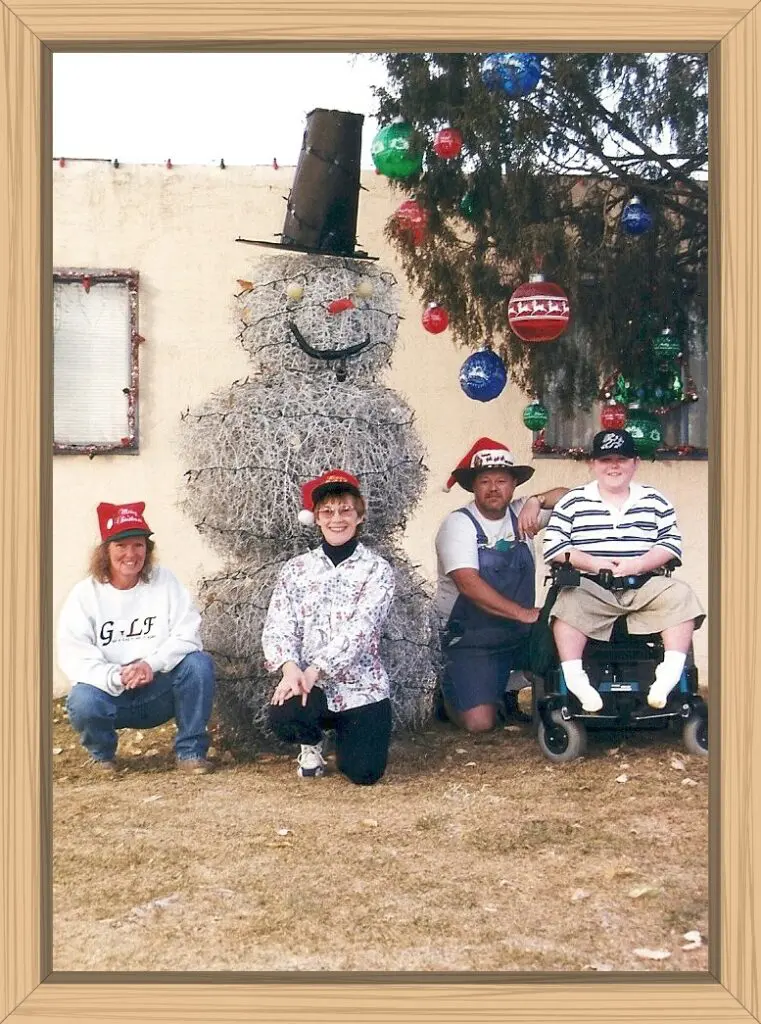 This photo was taken in front of our house with the huge Tumbleweed Snowman towering above all of us.
