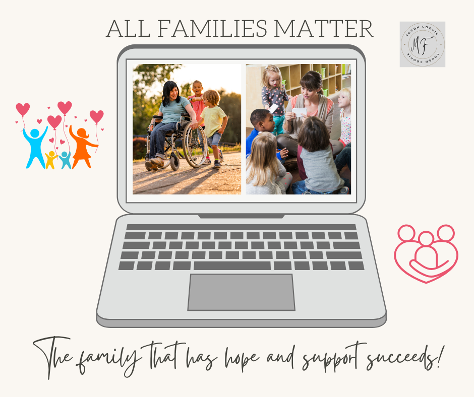 A laptop screen showing a woman using a wheelchair with her two children next to her and a second photo of a teacher working with five children of different cultures.