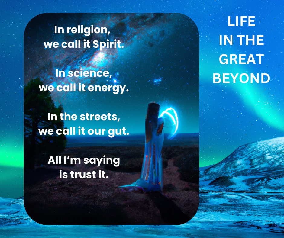A woman in the great beyond with her energy around her in a heavenly landscape of beauty and peace. Part of the image was generated by DALL-E.