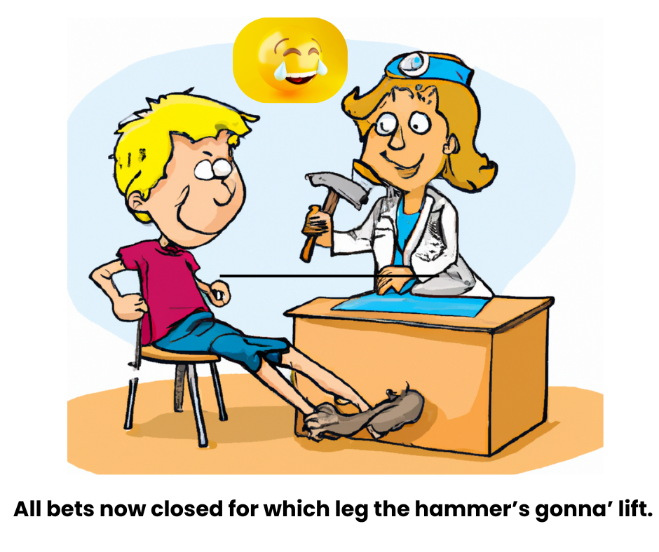 Cartoon young boy and a female doctor holding a hammer during a medical appointment. There is a laughing smile guy above them.