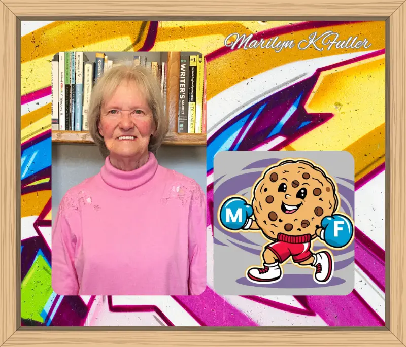I am in my office with my library of writing books. Next to my photo is the new Tough Cookie logo I created. The cartoon cookie has a big smile and has boxing gloves on. One glove has the letter M and the other the letter F.