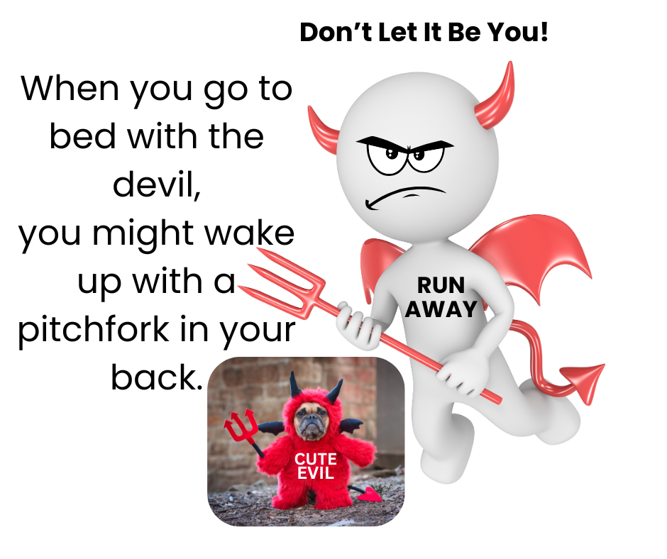 Cartoon Devil with an angry look holding a pitchfork with Run Away on its chest. Adorable Pug dressed in a devil costume holding a pitchfork with Cute Evil on its chest.